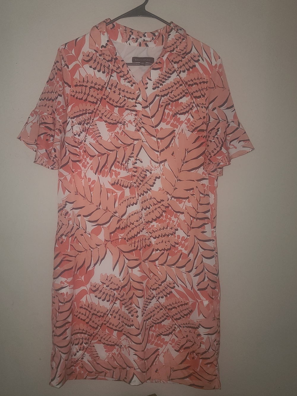 Banana Republic Women’s Coral Leaf Print Short Flutter Sleeve Shift Dress Sz M